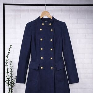 Zara Navy Pea Coat with Gold Buttons Small XS Blue Old Money Long Line Warm